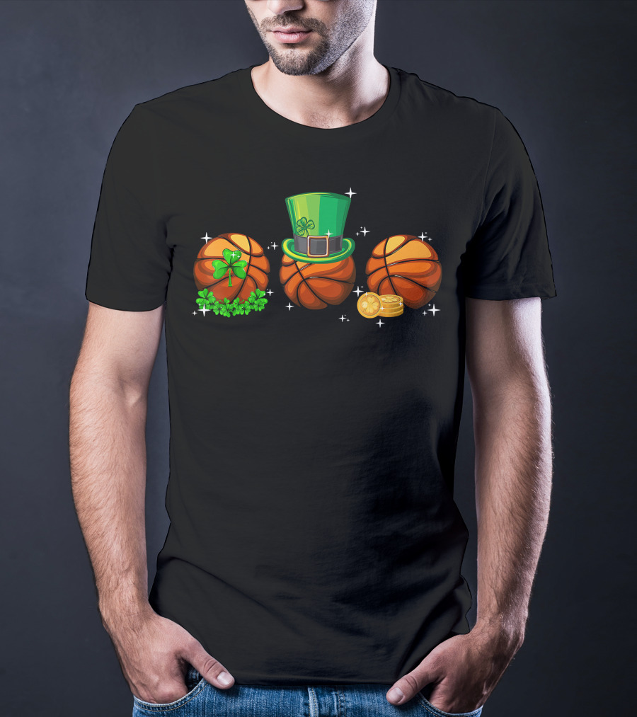 Basketball Trio With Leprechaun Hat Shamrocks And Gold Coins T-Shirt
