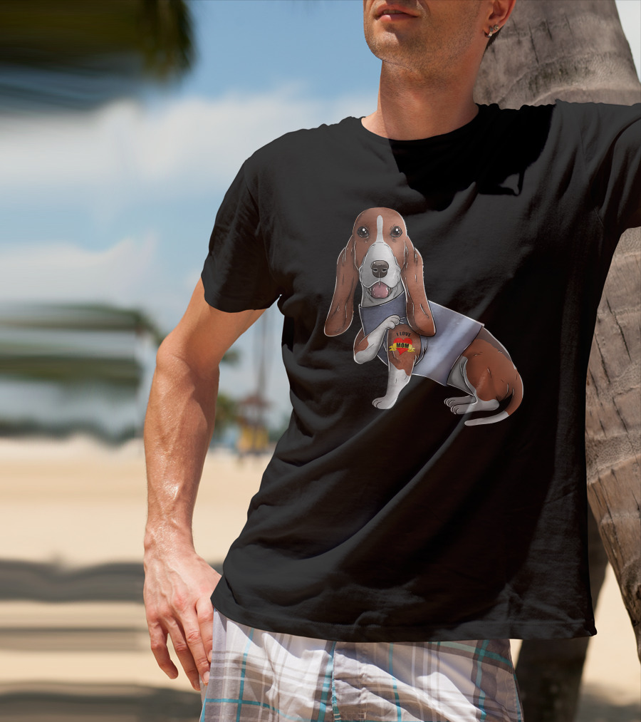 Basset Hound With I Love Mom Heart Tattoo T-Shirt