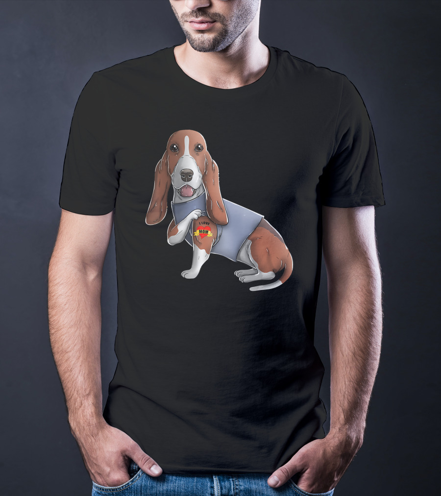 Basset Hound With I Love Mom Heart Tattoo T-Shirt