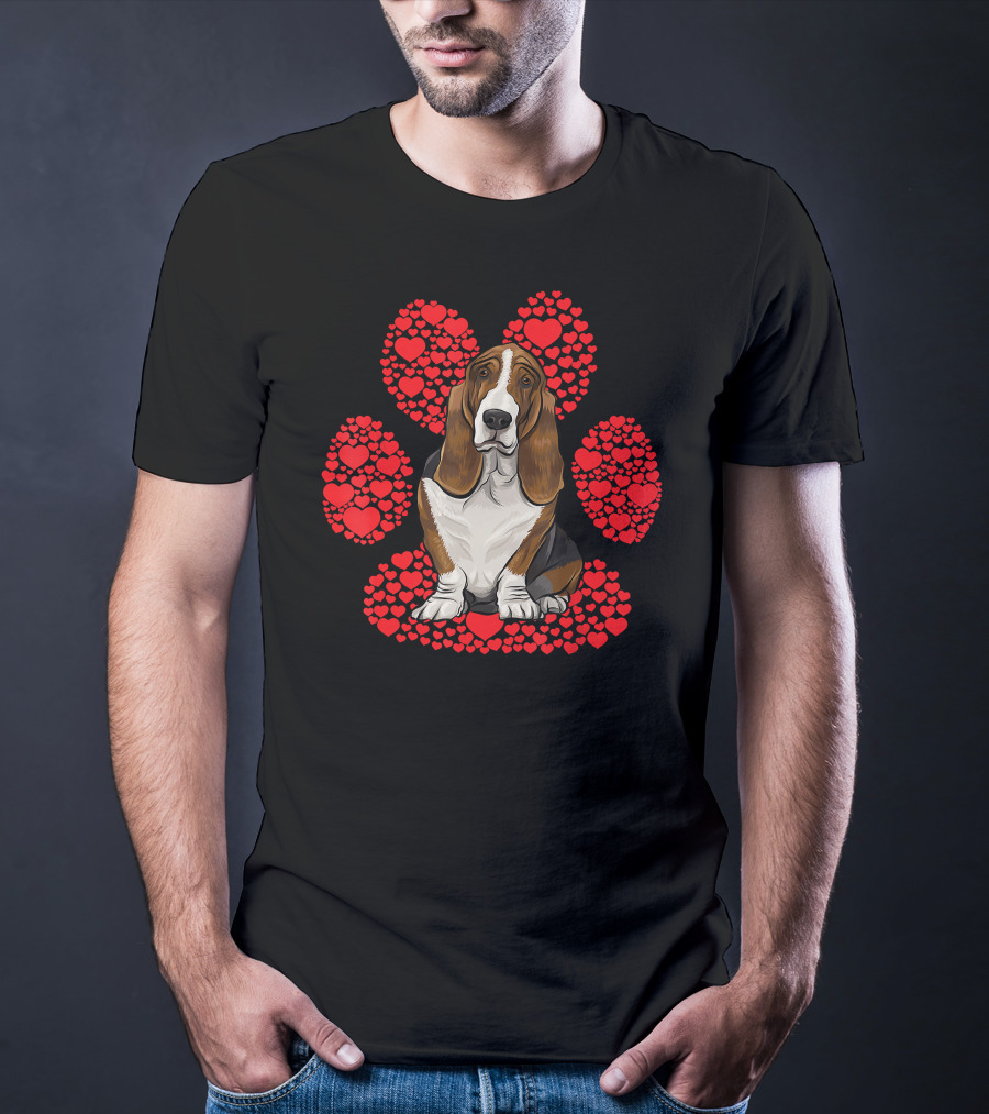 Basset Hound Valentines Day Dog With Heart Paw Background T-Shirt
