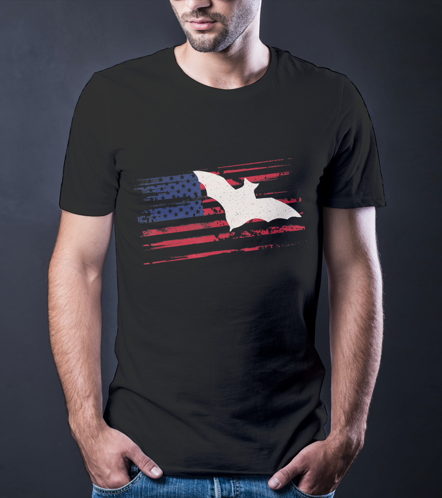 Bat Silhouette US American Flag Stripes And Stars T-Shirt