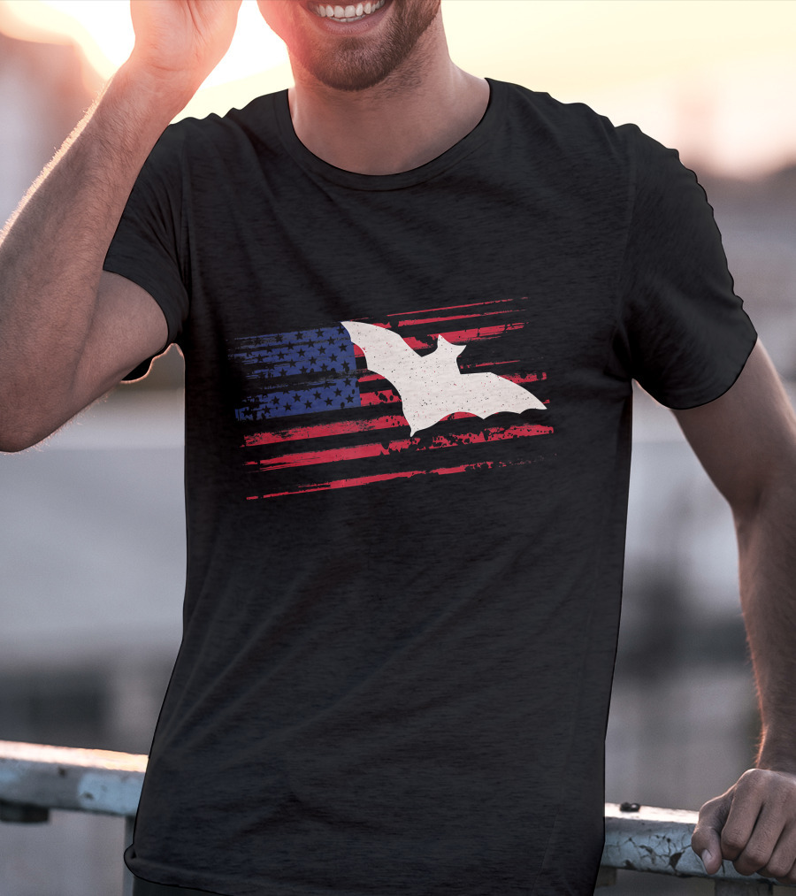 Bat Silhouette US American Flag Stripes And Stars T-Shirt