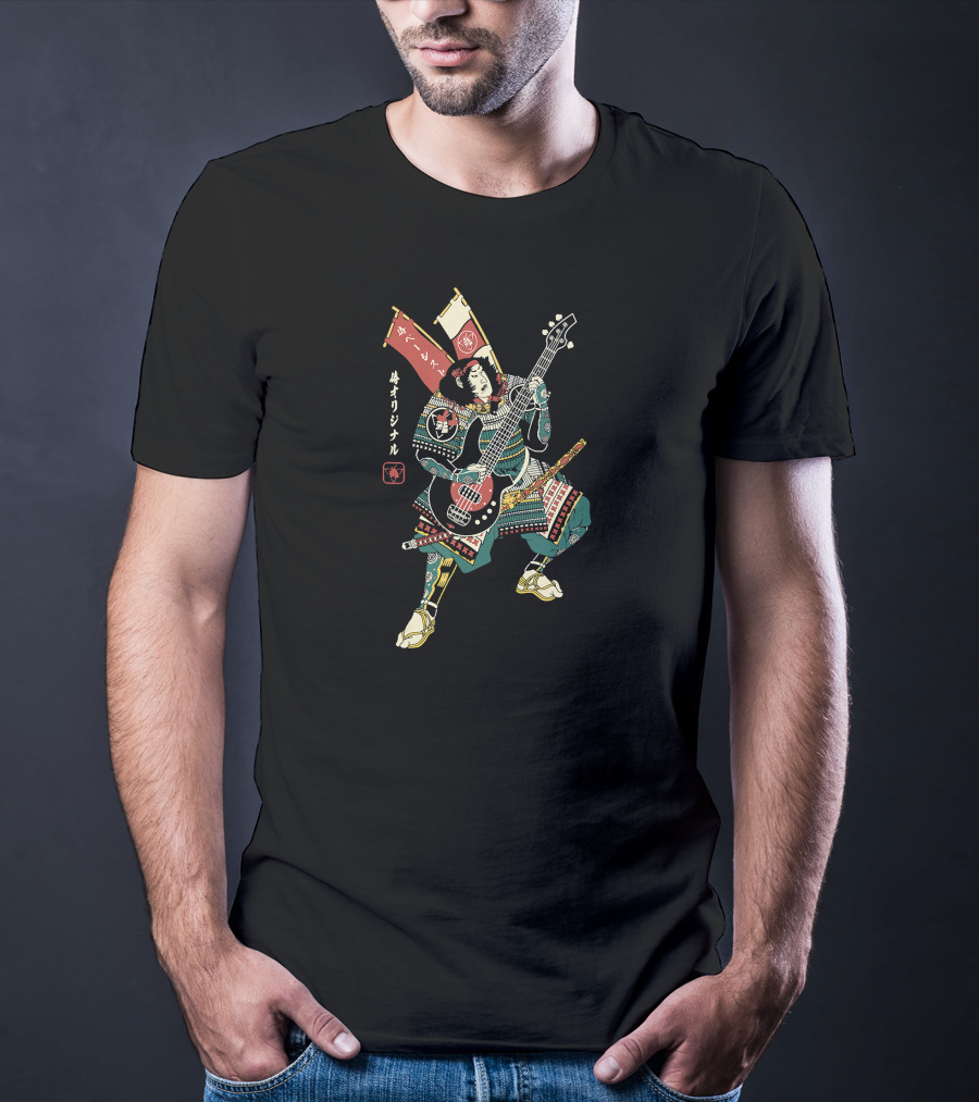 BASSIST SAMURAI No7 Vintage Japanese Warrior Playing Bass Guitar T-Shirt