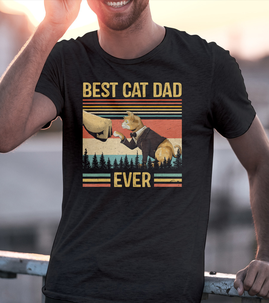 Best Cat Dad Ever Retro Paw Fist Bump Forest Stripes T-Shirt