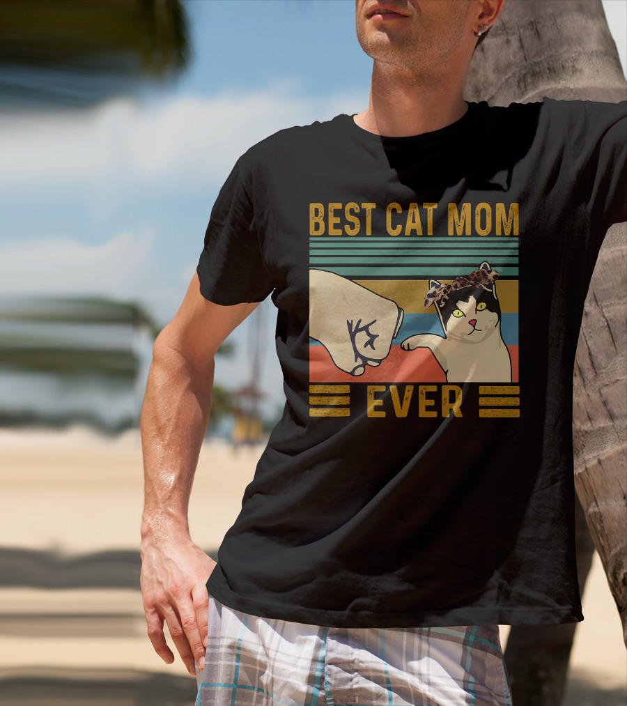Best Cat Mom Ever Fist Bump Vintage Retro Cat With Headband T-Shirt
