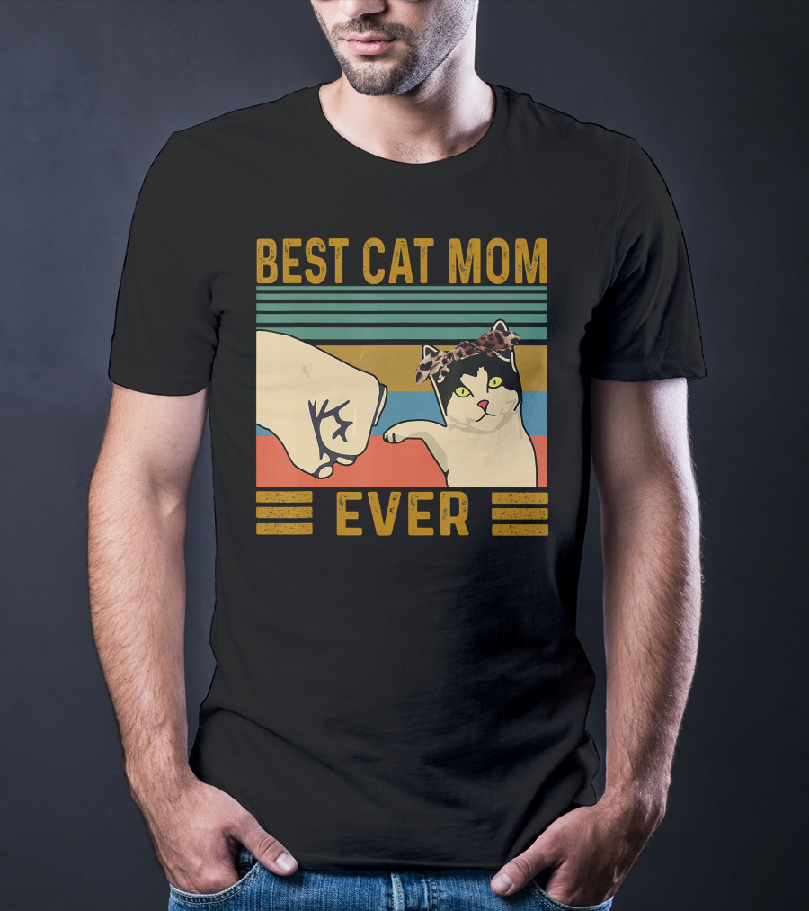Best Cat Mom Ever Fist Bump Vintage Retro Cat With Headband T-Shirt