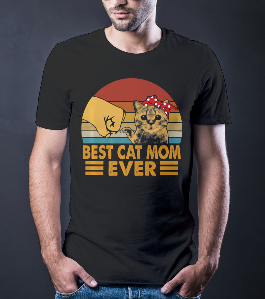 Best Cat Mom Ever Vintage Be Fist Bump Cat With Bow Retro Stripes T-Shirt