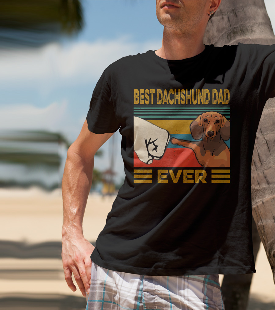 Best Dachshund Dad Ever Fist Bump Retro Stripes T-Shirt