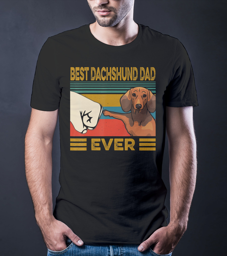 Best Dachshund Dad Ever Fist Bump Retro Stripes T-Shirt