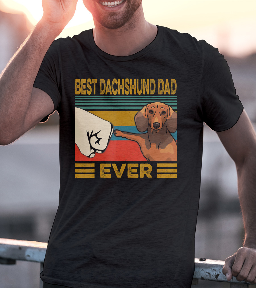 Best Dachshund Dad Ever Fist Bump Retro Stripes T-Shirt
