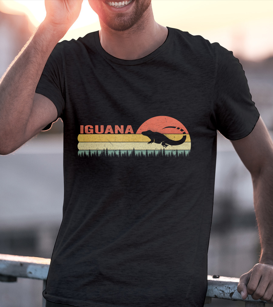 Iguana Silhouette Retro Sunset Forest Stripes T-Shirt