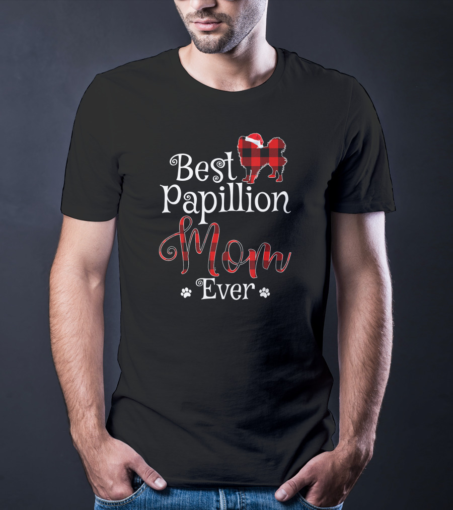 Best Papillion Mom Ever Santa Plaid Paws T-Shirt