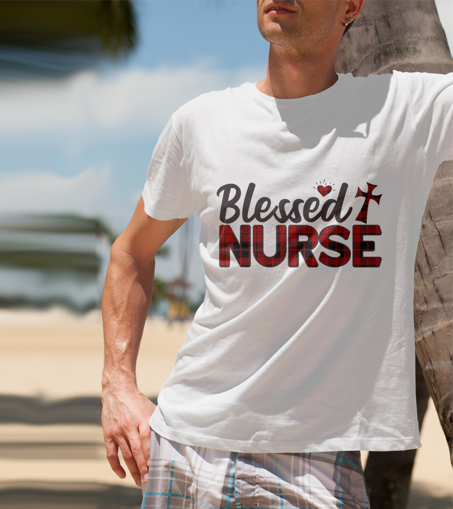 Blessed Nurse Plaid Heart Cross Christian T-Shirt