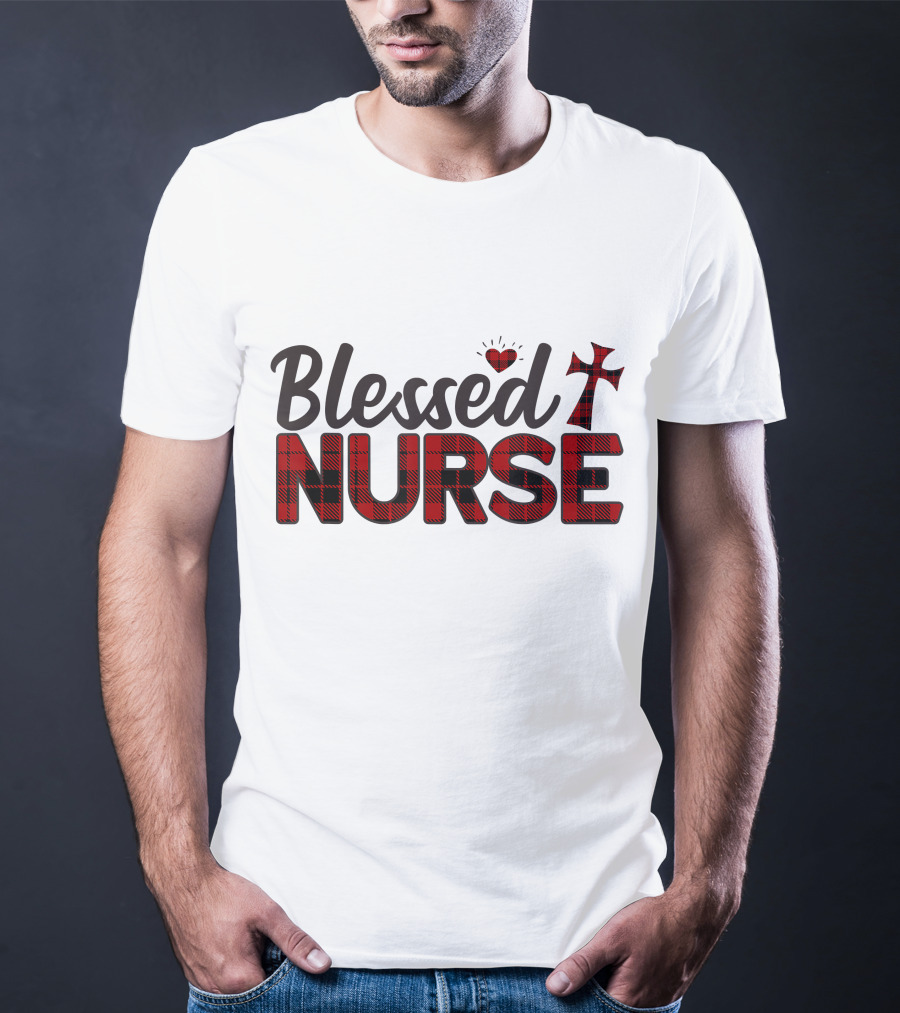 Blessed Nurse Plaid Heart Cross Christian T-Shirt