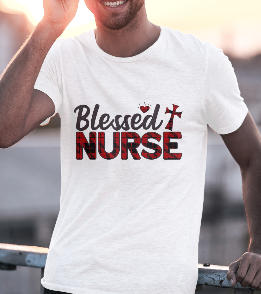 Blessed Nurse Plaid Heart Cross Christian T-Shirt