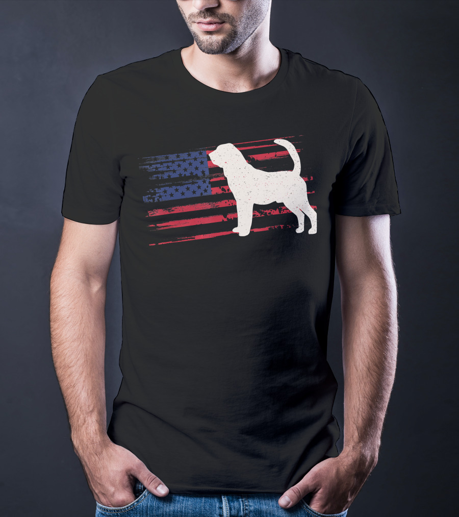 Bloodhound Puppy Silhouette With Distressed American Flag Background T-Shirt