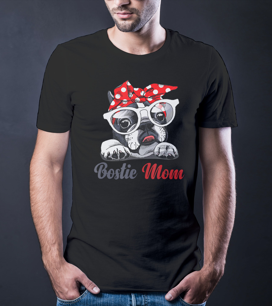 Bostie Mom Boston Terrier Dog With Red Polka Dot Bandana And Glasses T-Shirt
