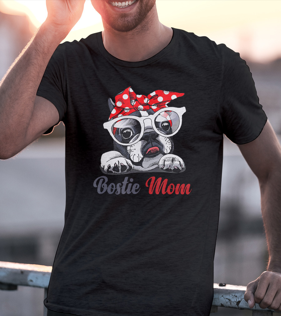 Bostie Mom Boston Terrier Dog With Red Polka Dot Bandana And Glasses T-Shirt