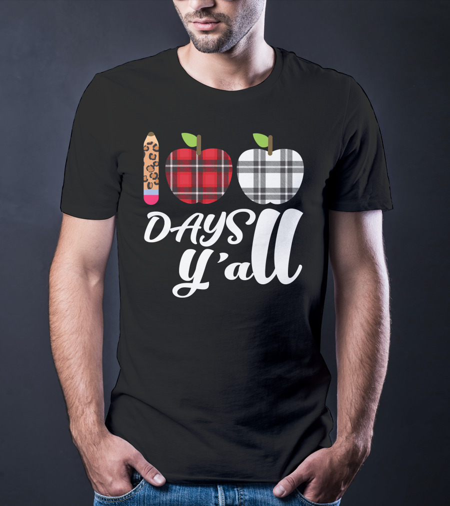 Buffalo Plaid Leopard Pencil 100 Days Y'all Apples T-Shirt