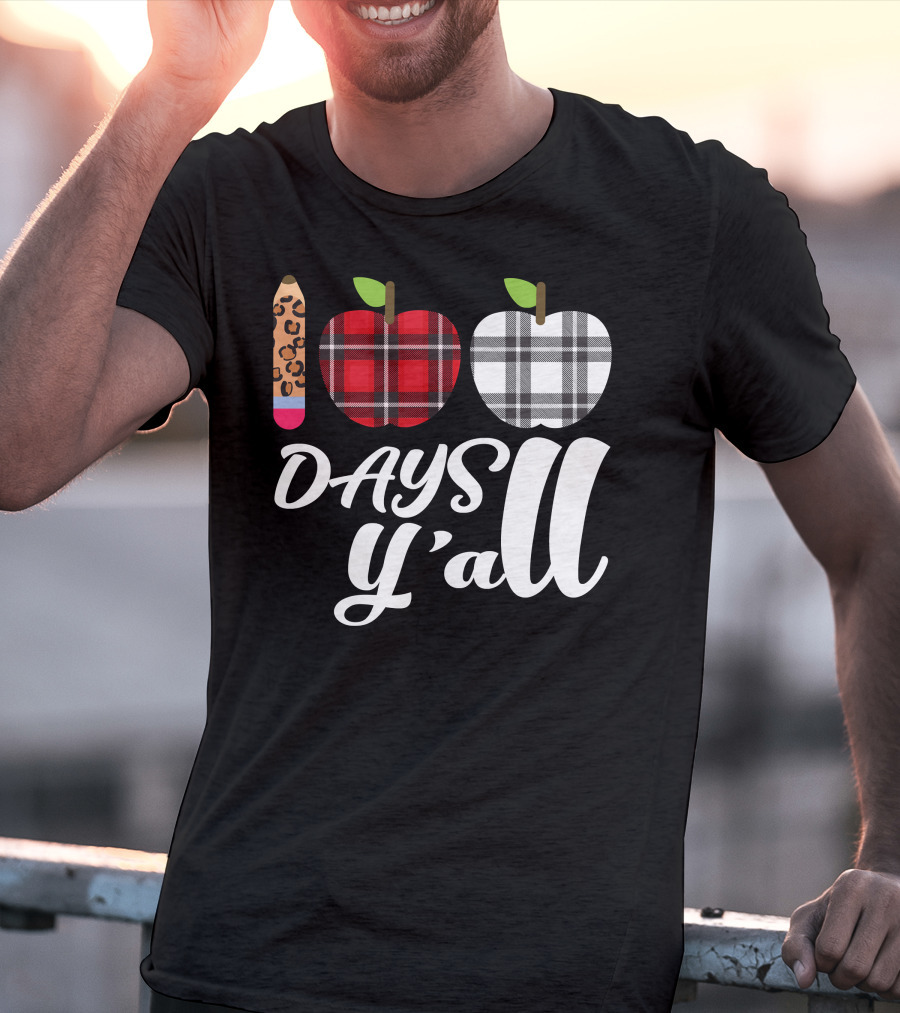 Buffalo Plaid Leopard Pencil 100 Days Y'all Apples T-Shirt