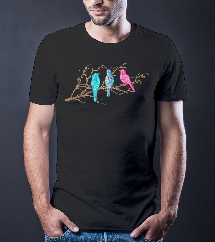 Three Colorful Paisley Applique Birds On Branch T-Shirt