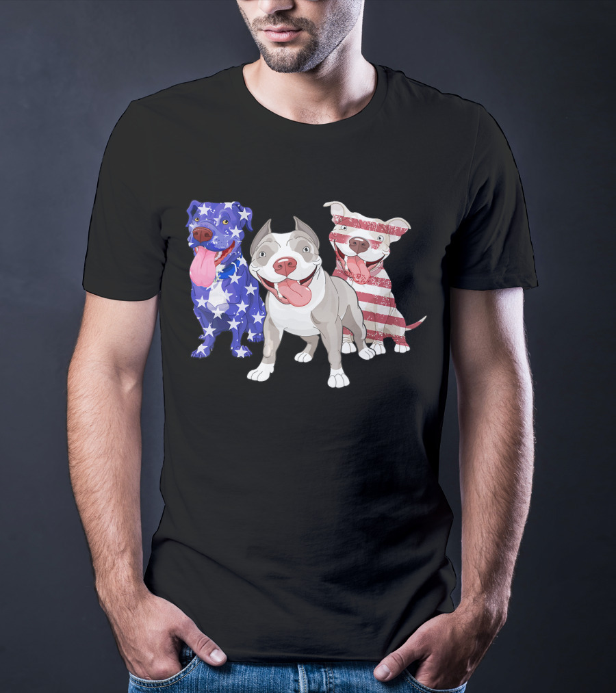 Three Pitbulls American Flag July T-Shirt