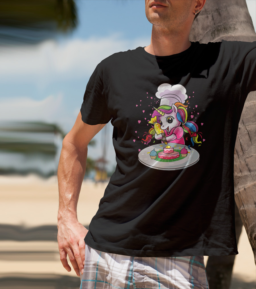 Unicorn Chef Decorating Colorful Cupcakes And Cake T-Shirt