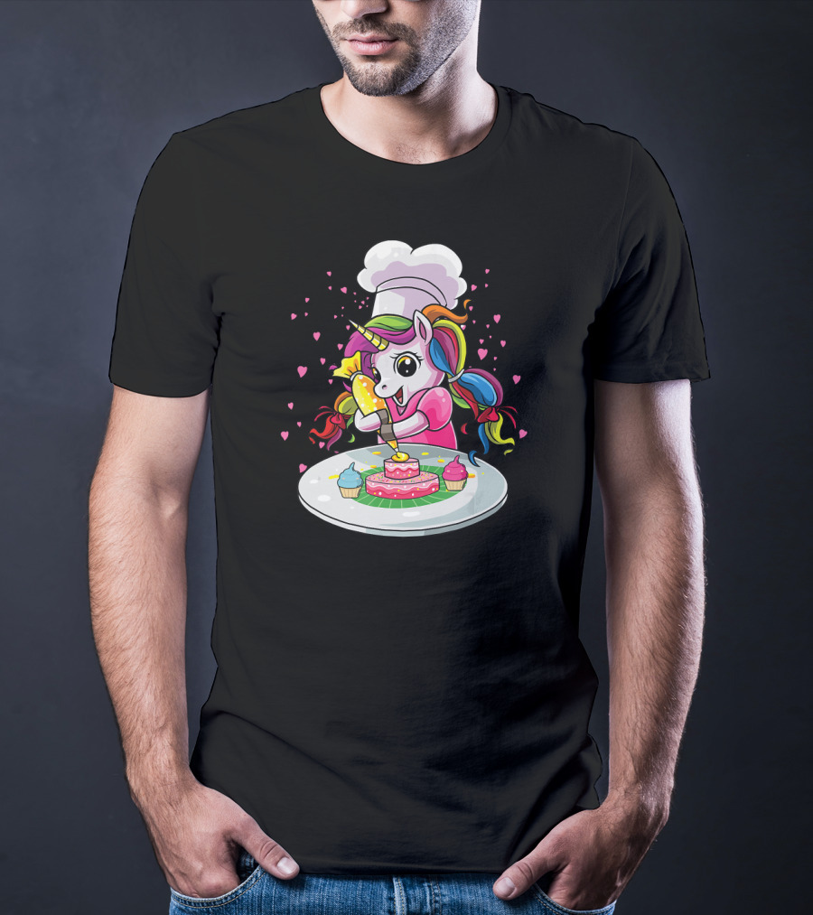 Unicorn Chef Decorating Colorful Cupcakes And Cake T-Shirt