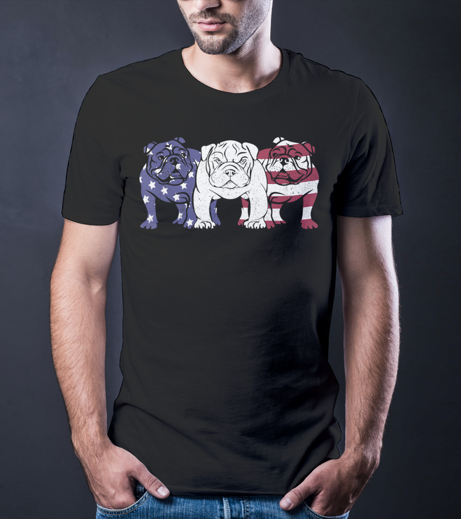 Unique Bulldog Trio American Flag T-Shirt