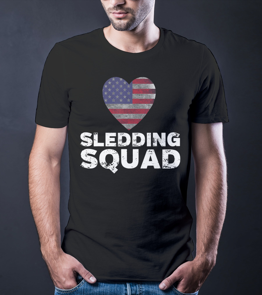 USA Flag Heart Sledding Squad Team T-Shirt