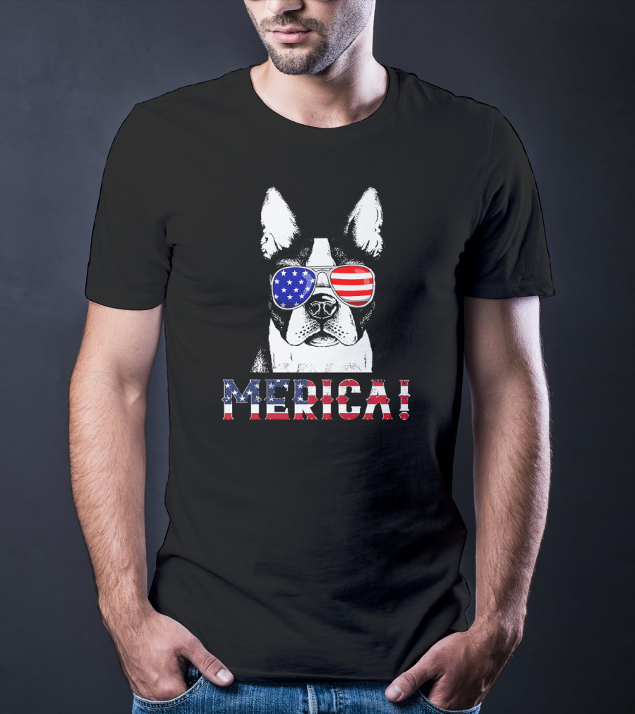 MERICA USA Flag French Bulldog Sunglasses T-Shirt