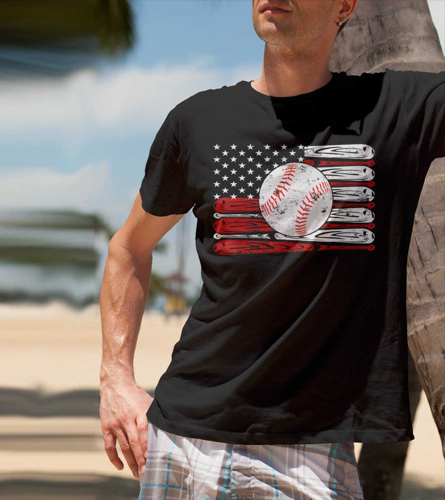 American Flag Vintage Baseball Bat Sports T-Shirt