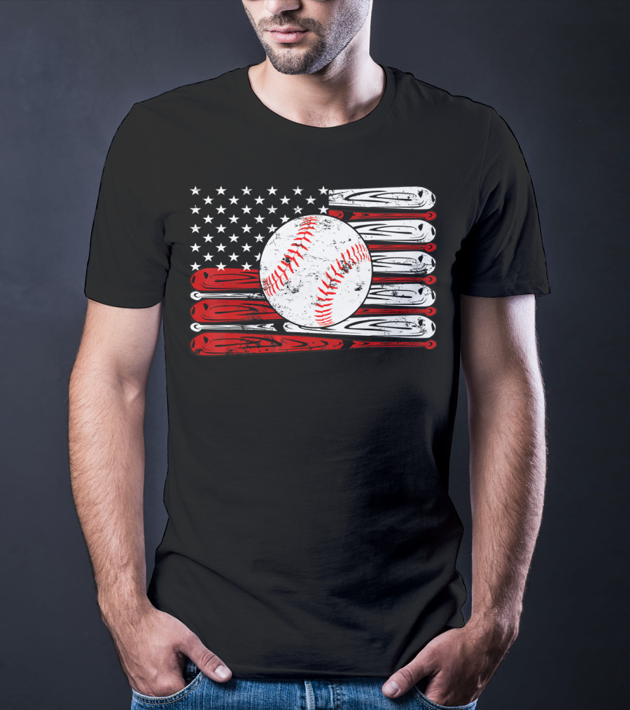 American Flag Vintage Baseball Bat Sports T-Shirt