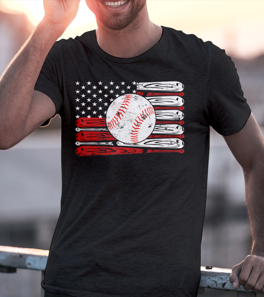 American Flag Vintage Baseball Bat Sports T-Shirt