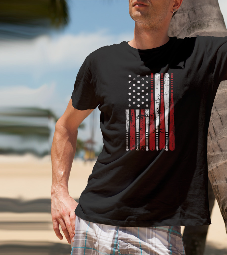 Vintage Baseball Bat Stars And Stripes USA Flag T-Shirt