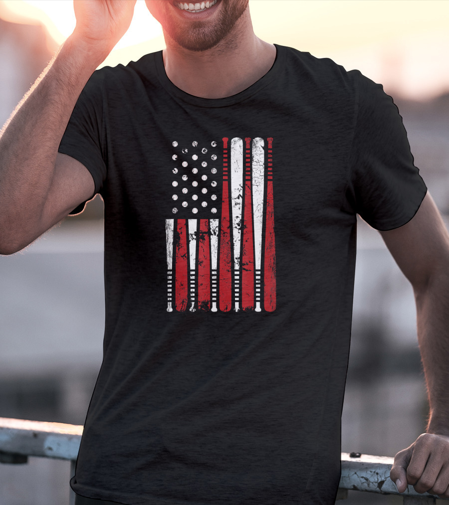 Vintage Baseball Bat Stars And Stripes USA Flag T-Shirt