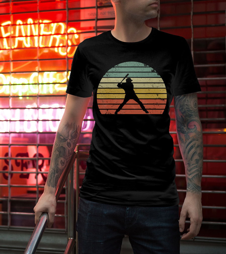 Vintage Baseball Batter Silhouette Retro Sunset Stripes T-Shirt