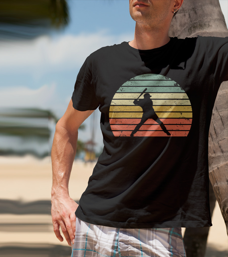 Vintage Baseball Batter Silhouette Retro Sunset Stripes T-Shirt