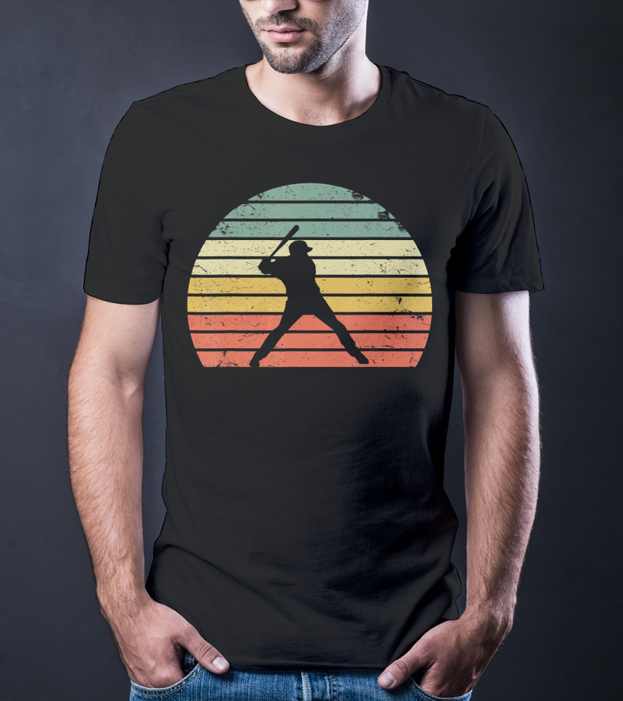 Vintage Baseball Batter Silhouette Retro Sunset Stripes T-Shirt