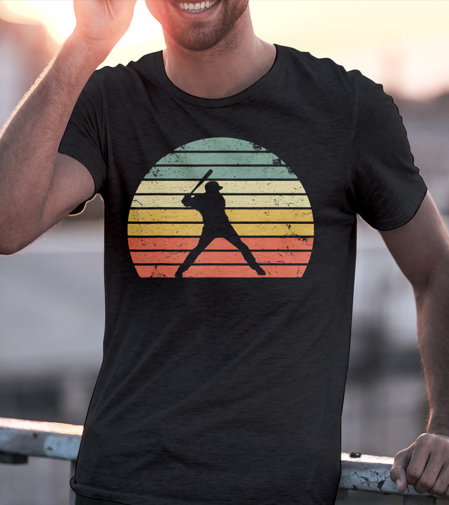 Vintage Baseball Batter Silhouette Retro Sunset Stripes T-Shirt