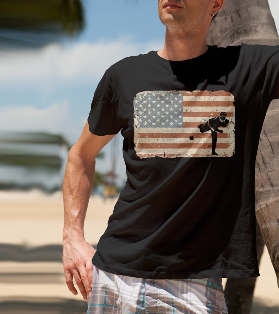 Vintage Baseball Pitcher Silhouette With American Flag Background T-Shirt