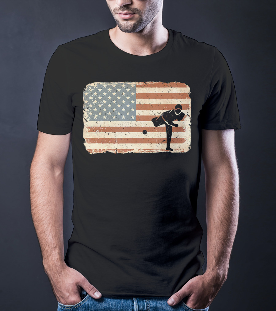 Vintage Baseball Pitcher Silhouette With American Flag Background T-Shirt