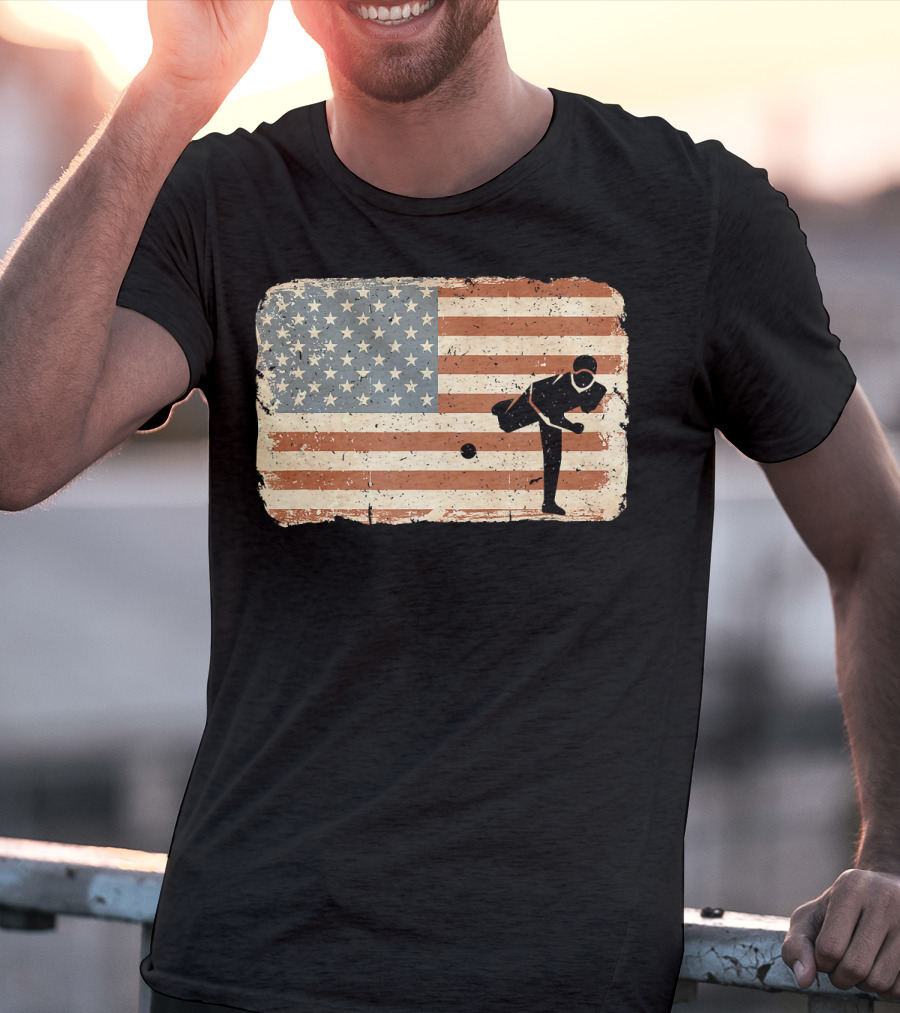 Vintage Baseball Pitcher Silhouette With American Flag Background T-Shirt