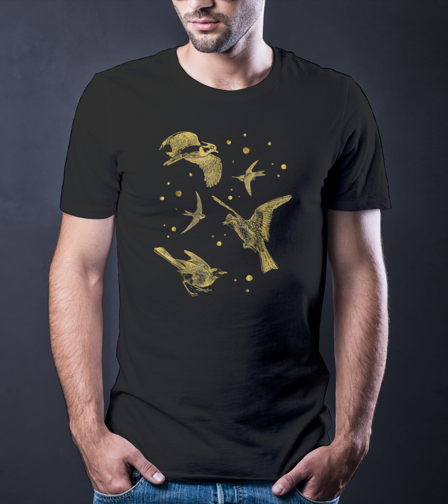 Vintage Flying Birds Humming Sparrow Gold T-Shirt