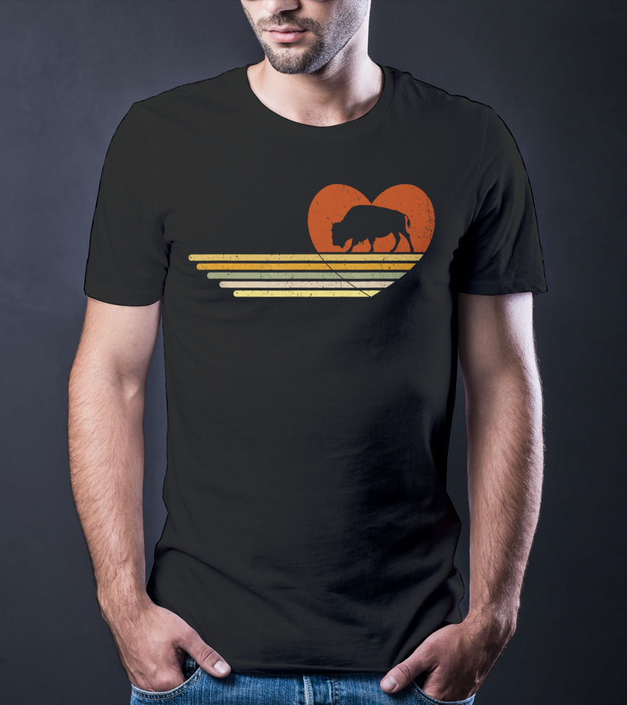 Vintage Bison Heart Retro Sunset Stripes T-Shirt