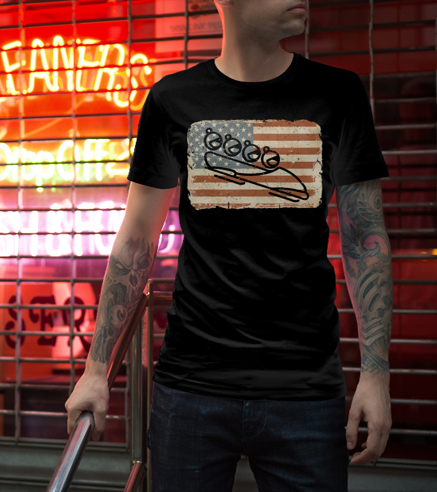 Vintage Bobsled Team On Distressed American Flag Background T-Shirt