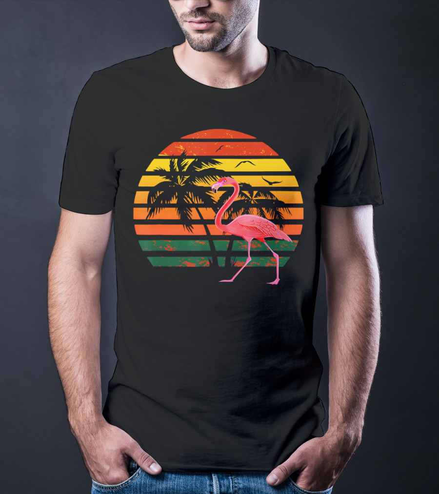 Vintage Flamingo Bird Tropical Sunset With Palm Trees And Birds T-Shirt