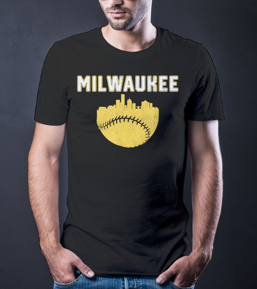 Milwaukee Wisconsin Cityscape Vintage Baseball Skyline T-Shirt