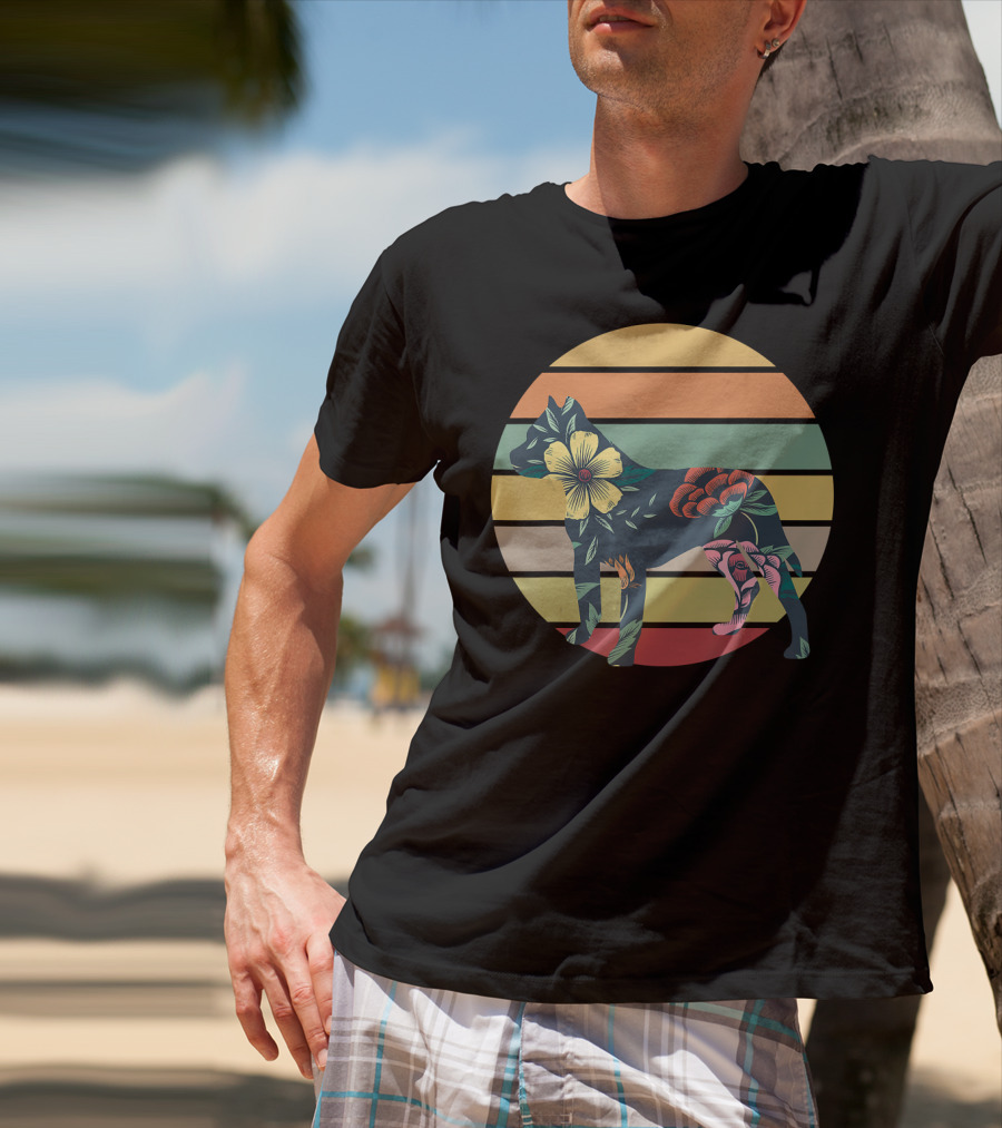 Vintage Floral Pitbull Silhouette Sunset Stripes T-Shirt