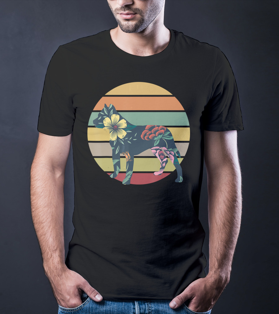 Vintage Floral Pitbull Silhouette Sunset Stripes T-Shirt